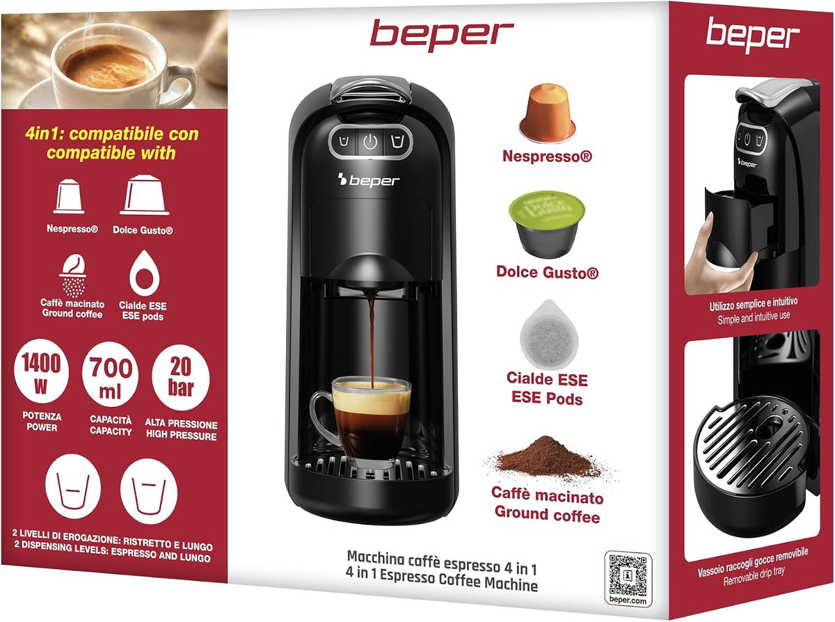 BEPER – Macchina da Caffè Espresso 4 in 1, 20 Bar, 1400W