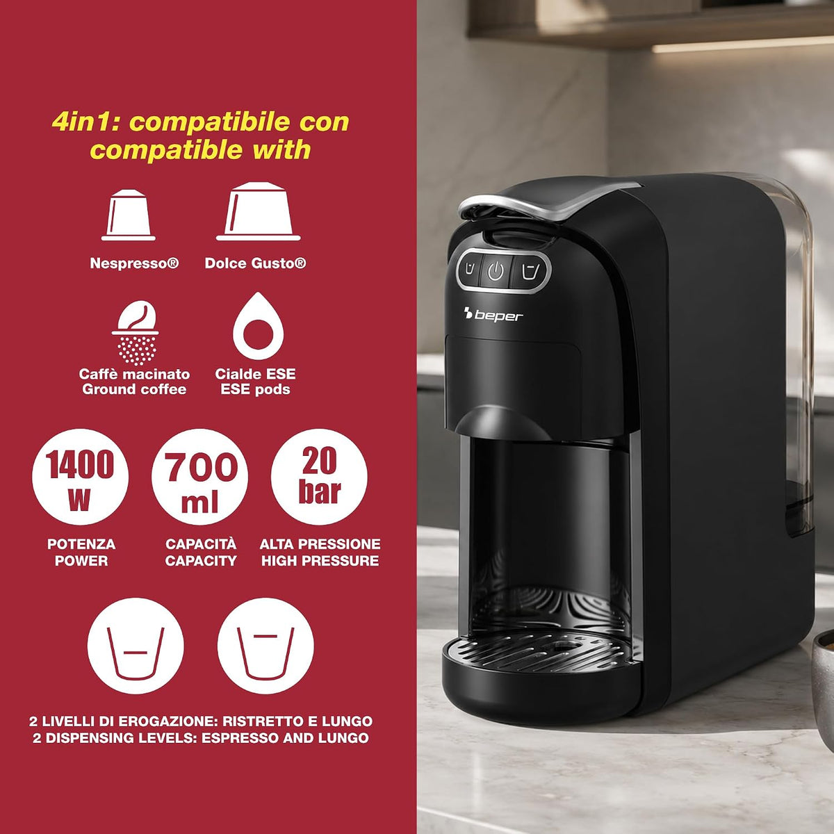 BEPER – Macchina da Caffè Espresso 4 in 1, 20 Bar, 1400W