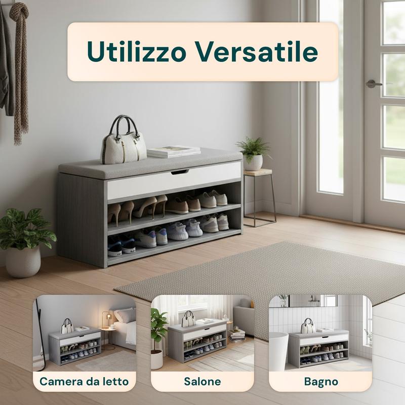 VERSAAL Scarpiera con Seduta Imbottita e 2 Ripiani Salvaspazio